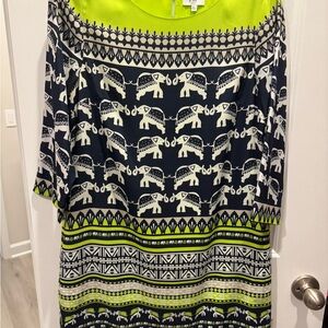 Crown & Ivy Elephant Print Dress with Lime and Navy